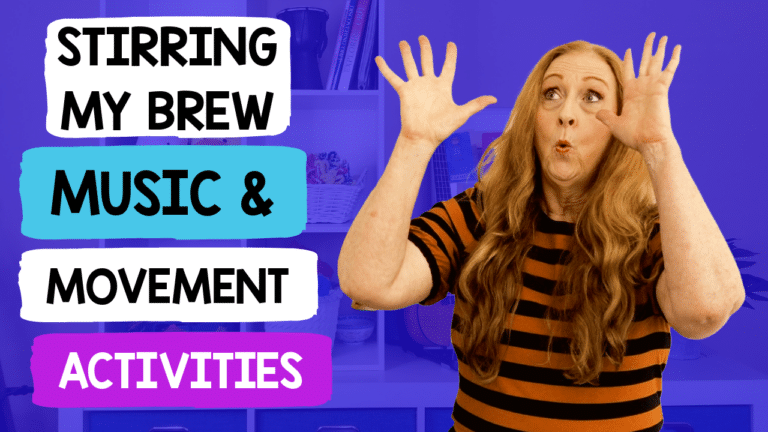 Halloween Music Activities for the Song Stirring My Brew including singing, moving, waving scarves, playing instruments and a game for the elementary music teacher, home school mom and preschool music and movement teacher.