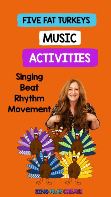 Gobble up the Thanksgiving music lesson and Turkey action song “Five Fat Turkeys”. Learn how to teach beat and rhythm using instruments. Play a scarf movement game for fun filled turkey music fun! By Sing Play Create