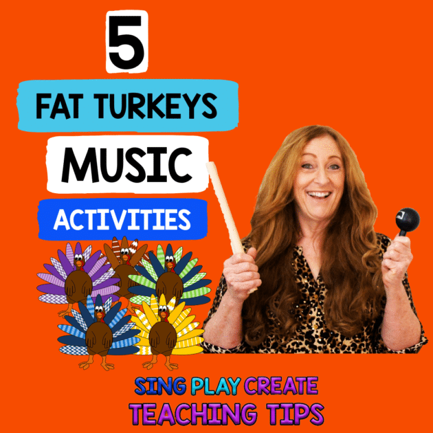 Gobble up the Thanksgiving music lesson and Turkey action song “Five Fat Turkeys”. Learn how to teach beat and rhythm using instruments. Play a scarf movement game for fun filled turkey music fun! By Sing Play Create