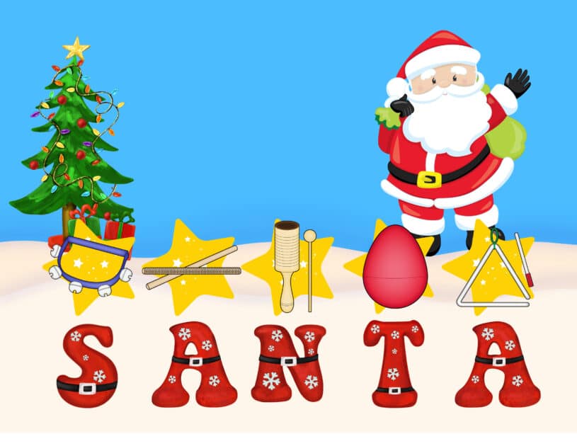 Sing SANTA is His Name-O to the tune of BINGO and play instruments using this FREE music activity.  Students will enjoy playing the instruments on the silent letters instead of clapping.  Watch the video for the teaching steps and organization tips.  Download the Freebie from Sing Play Create