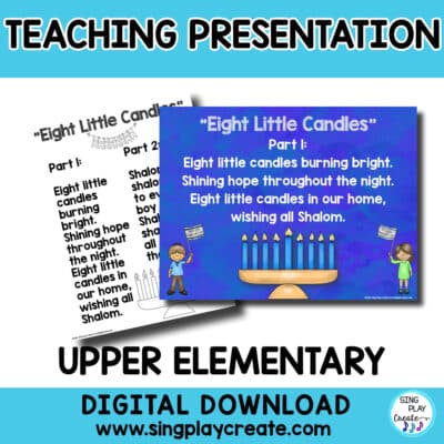 Hanukkah Song Orff Arrangement: "Eight Little Candles" 2 part song is perfect for elementary music classes and choirs. Students will play drum, tambourine and xylophones in the accompaniment. Best for upper elementary grades.