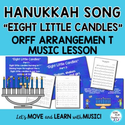 Hanukkah Song Orff Arrangement: "Eight Little Candles" 2 part song is perfect for elementary music classes and choirs. Students will play drum, tambourine and xylophones in the accompaniment. Best for upper elementary grades.