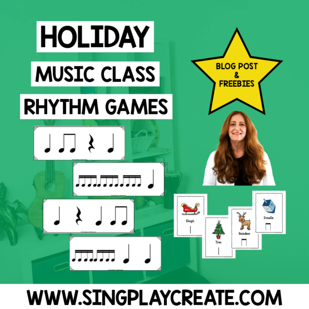 Fun holiday rhythm games for music class. Get your free copy of our holiday music class rhythm games and flash cards.  Rhythm games to say and play and create rhythm patterns for grades K-6.  These fun games are played with small groups of children.