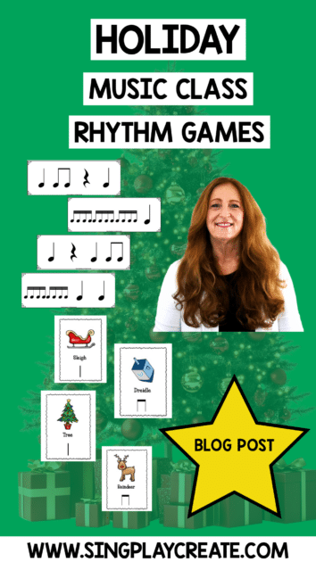 Fun holiday rhythm games for music class. Get your free copy of our holiday music class rhythm games and flash cards.  Rhythm games to say and play and create rhythm patterns for grades K-6.  These fun games are played with small groups of children.