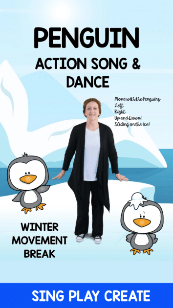 Penguin action song "Penguins on the Ice" one of many Winter movement breaks for children by Sing Play Create.
Brain breaks and movement activities help children exercise mind and body.  This penguin action song is fun for toddlers, preschoolers and kindergarten children.