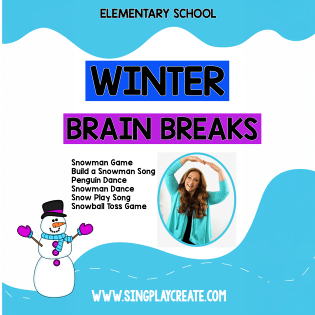 Quick and Easy winter brain breaks for elementary classrooms. Indoor recess, breaks, fun Friday, P.E. and Music class activities. Movement songs and games for K-6. Sing Play Create