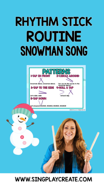 Let me introduce a presto rhythm stick routine for the song "Snowman Dance"! This activity is not only a hit with kids, but it also helps them build essential skills while having a blast! The routine is easy to learn and I give you all the steps you need to know to teach this in your class or at home. 
LEARN MORE AT SING PLAY CREATE