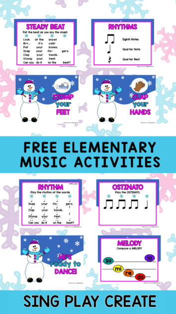 Here's a FREE quick and easy winter music and movement activity for K-4 music class. You can scaffold the activities for different grade levels using movement, instruments, creating rhythm and composing activities. Music and movement activity ideas for the elementary music teacher.  SING PLAY CREATE