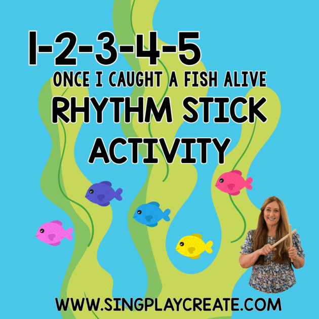 Here’s a fun rhythm stick tutorial for  “12345 Once I Caught a Fish Alive”.  It’s easy to follow along and you’ll learn the pattern quickly!  And you’ll learn the pattern quickly!  I share how you can turn this into a complete music lesson with some warm up activities and then how to teach the rhythm stick patterns too.  There’s a play along at the end of the video where I demonstrate the entire song. LEARN MORE SING PLAY CREATE