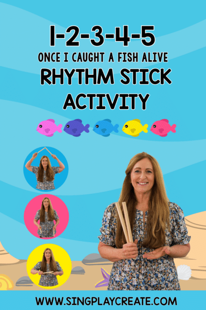 Here’s a fun rhythm stick tutorial for  “12345 Once I Caught a Fish Alive”.  It’s easy to follow along and you’ll learn the pattern quickly!  And you’ll learn the pattern quickly!  I share how you can turn this into a complete music lesson with some warm up activities and then how to teach the rhythm stick patterns too.  There’s a play along at the end of the video where I demonstrate the entire song. LEARN MORE SING PLAY CREATE