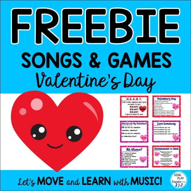 FREE teaching presentation and directions for eight Valentine's Day songs and activities for preschool through 5th grade. Fun games, movement, activity, hand actions, or a musical element that you can use in your classroom or at home.  FREE ACTIVITY by Sing Play Create